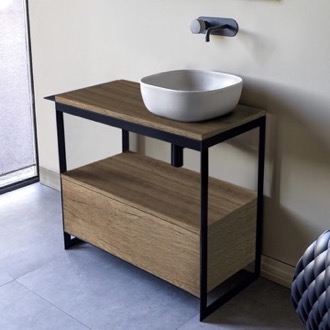 Console Bathroom Vanity Console Sink Vanity With Ceramic Vessel Sink and Natural Brown Oak Drawer, 35